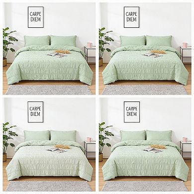 KINTEN Sage Green Seersucker 7pc Queen Bed Set OEKO-TEX Microfiber All Season