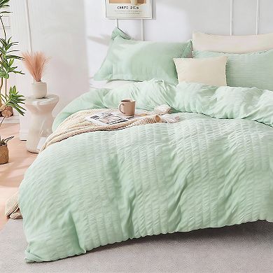 KINTEN Sage Green Seersucker 7pc Queen Bed Set OEKO-TEX Microfiber All Season