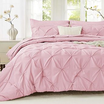 KINTEN Baby Pink Queen Pintuck 7 pc Comforter Set with Sheets & Shams