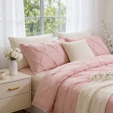 KINTEN Baby Pink Queen Pintuck 7pc Comforter Set with Sheets & Shams