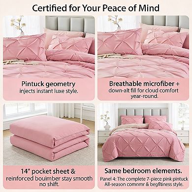 KINTEN Baby Pink Queen Pintuck 7pc Comforter Set with Sheets & Shams