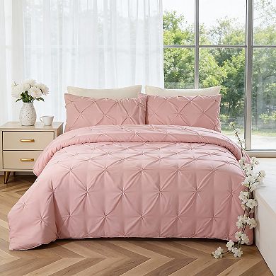 KINTEN Baby Pink Queen Pintuck 7pc Comforter Set with Sheets & Shams