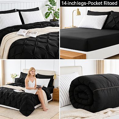 KINTEN Black King Pinch Pleat Bed in a Bag 7pc Microfiber Comforter Set