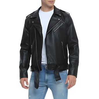 Men’s Slim Fit Faux Leather Biker Jacket with Zip and Belt