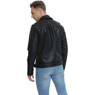 Men’s Slim Fit Faux Leather Biker Jacket with Zip and Belt