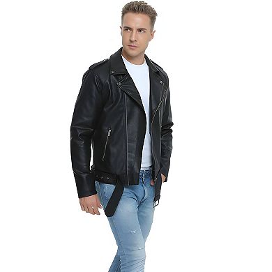 Men’s Slim Fit Faux Leather Biker Jacket with Zip and Belt