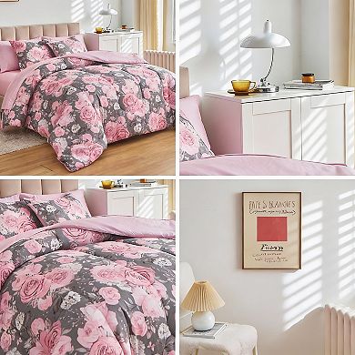 DIACHO Gray Queen-7 Pieces Floral Reversible Microfiber Bed in a Bag