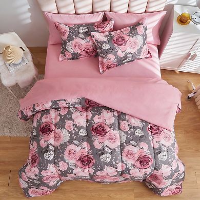 DIACHO Gray Queen-7 Pieces Floral Reversible Microfiber Bed in a Bag