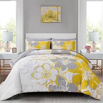 DIACHO Yellow King Floral 7 pc Reversible Bed-in-Bag Microfiber Comforter Sheet Set