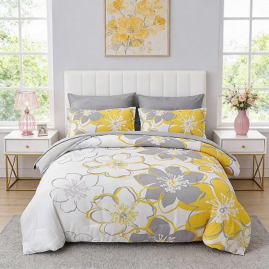 DIACHO Yellow King Floral 7pc Reversible Bed-in-Bag Microfiber Comforter Sheet Set