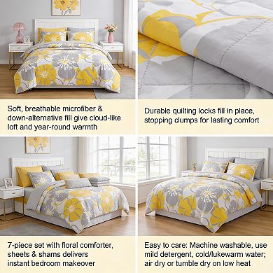 DIACHO Yellow King Floral 7pc Reversible Bed-in-Bag Microfiber Comforter Sheet Set