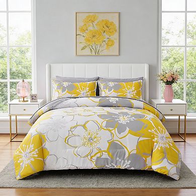 DIACHO Yellow King Floral 7pc Reversible Bed-in-Bag Microfiber Comforter Sheet Set