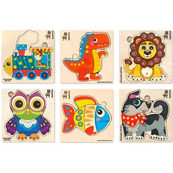 QUOKKA 6-Set Wooden Puzzles for Toddlers Montessori Learning Animal Games for Kids 3-4
