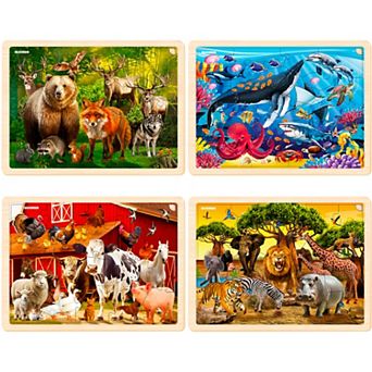 QUOKKA 4 Wooden Puzzles for Kids 48 pc Montessori Animals Africa Ocean Farm Set - Ages 3-8