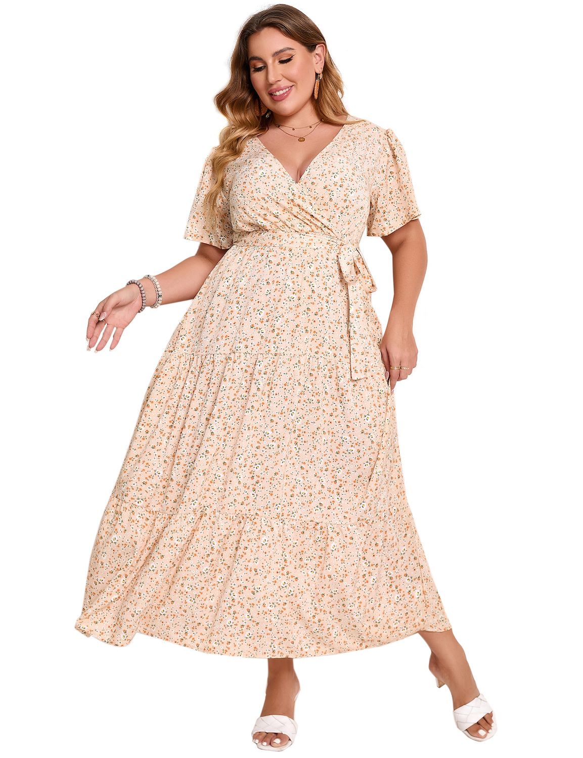 Женские платья Plus Size Short Sleeves V Neck Maxi Dress High Waist Ruffle Casual Dress with Belt
