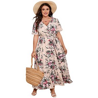Women's Plus Size Short Sleeves V Neck Maxi Dress High Waist Ruffle Casual Dress with Belt