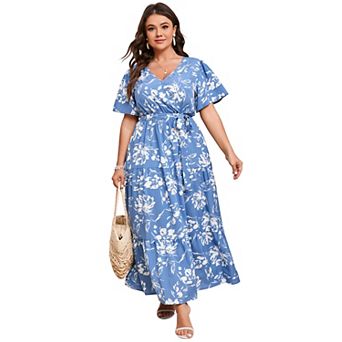 Women's Plus Size Short Sleeves V Neck Maxi Dress High Waist Ruffle Casual Dress with Belt