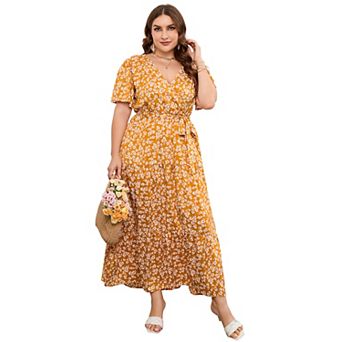 Women's Plus Size Short Sleeves V Neck Maxi Dress High Waist Ruffle Casual Dress with Belt
