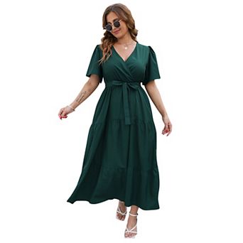 Women's Plus Size Short Sleeves V Neck Maxi Dress High Waist Ruffle Casual Dress with Belt