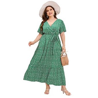 Women's Plus Size Short Sleeves V Neck Maxi Dress High Waist Ruffle Casual Dress with Belt