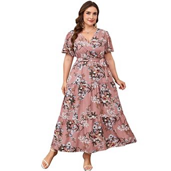Women's Plus Size Short Sleeves V Neck Maxi Dress High Waist Ruffle Casual Dress with Belt