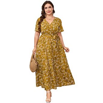 Women's Plus Size Short Sleeves V Neck Maxi Dress High Waist Ruffle Casual Dress with Belt
