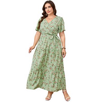 Women's Plus Size Short Sleeves V Neck Maxi Dress High Waist Ruffle Casual Dress with Belt