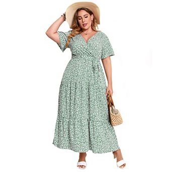 Women's Plus Size Short Sleeves V Neck Maxi Dress High Waist Ruffle Casual Dress with Belt