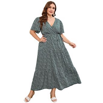Women's Plus Size Short Sleeves V Neck Maxi Dress High Waist Ruffle Casual Dress with Belt
