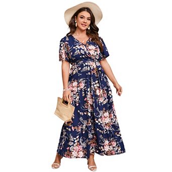 Women's Plus Size Short Sleeves V Neck Maxi Dress High Waist Ruffle Casual Dress with Belt