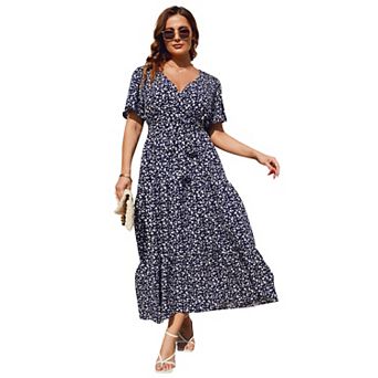 Women's Plus Size Short Sleeves V Neck Maxi Dress High Waist Ruffle Casual Dress with Belt