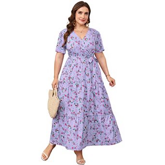 Women's Plus Size Short Sleeves V Neck Maxi Dress High Waist Ruffle Casual Dress with Belt