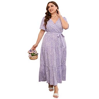 Women's Plus Size Short Sleeves V Neck Maxi Dress High Waist Ruffle Casual Dress with Belt