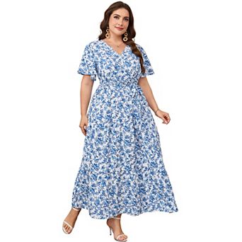 Women's Plus Size Short Sleeves V Neck Maxi Dress High Waist Ruffle Casual Dress with Belt