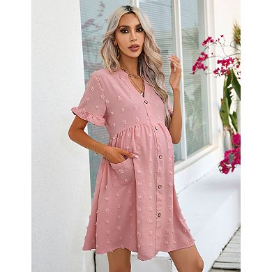 Women's Maternity Swiss Dot Dress Short Sleeve Button Down Mini Dress with Pockets