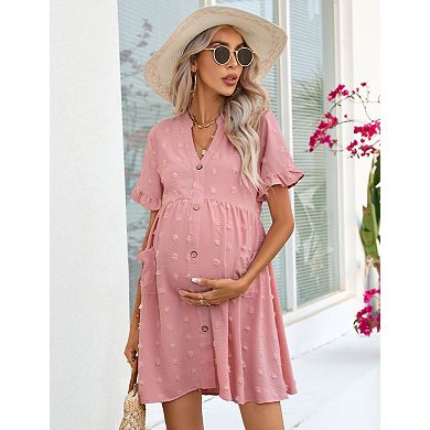 Women's Maternity Swiss Dot Dress Short Sleeve Button Down Mini Dress with Pockets