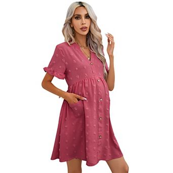 Women's Maternity Swiss Dot Dress Short Sleeve Button Down Mini Dress with Pockets