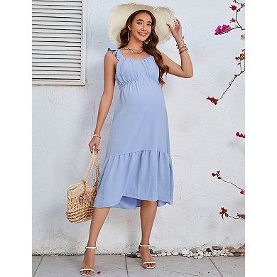 Women's Boho Maternity Dress for Summer Smocked Square Neck