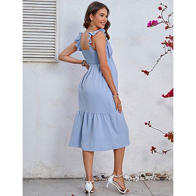 Women's Boho Maternity Dress for Summer Smocked Square Neck