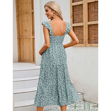 Women's Sleeveless Maternity Maxi Dress Boho Smocked Top Ruffle Hem