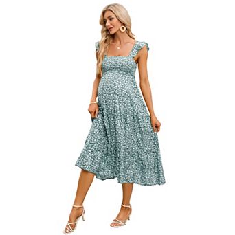 Women's Sleeveless Maternity Maxi Dress Boho Smocked Top Ruffle Hem