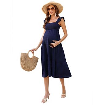 Women's Sleeveless Maternity Maxi Dress Boho Smocked Top Ruffle Hem