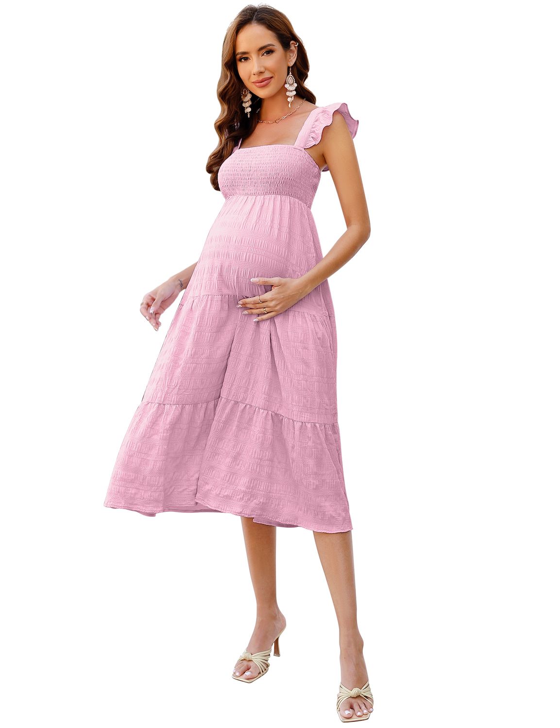 Женские платья Sleeveless Maternity Maxi Dress Boho Smocked Top Ruffle Hem