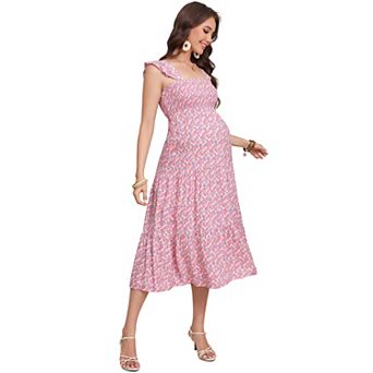Women's Sleeveless Maternity Maxi Dress Boho Smocked Top Ruffle Hem