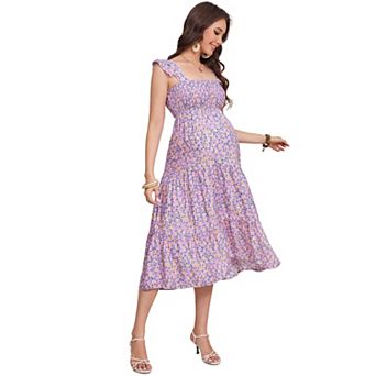 Women's Sleeveless Maternity Maxi Dress Boho Smocked Top Ruffle Hem
