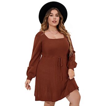 Women's Plus Size Long Sleeve Sweater Maxi Dresses V Neck Casual A-Line Dresses