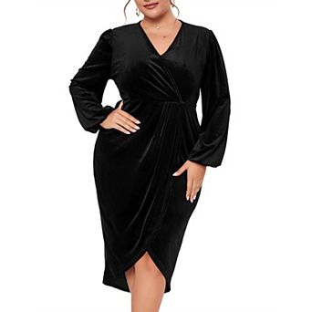 Women's Plus Size Velvet Wrap Dress Long Sleeve V Neck Bodycon Ruched Cocktail Party Casual Dress
