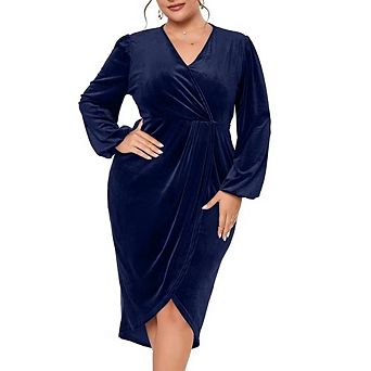 Women's Plus Size Velvet Wrap Dress Long Sleeve V Neck Bodycon Ruched Cocktail Party Casual Dress