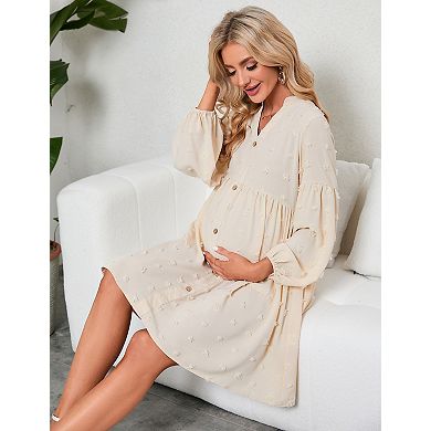 Women's Maternity Dot Dress V Neck Long Sleeve Button Down Mini Dress