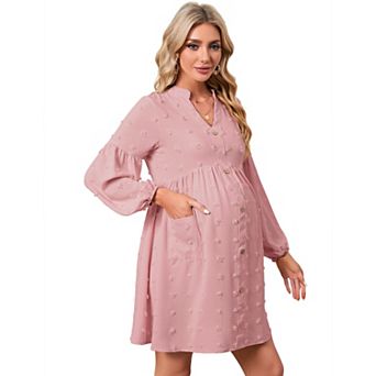 Women's Maternity Dot Dress V Neck Long Sleeve Button Down Mini Dress